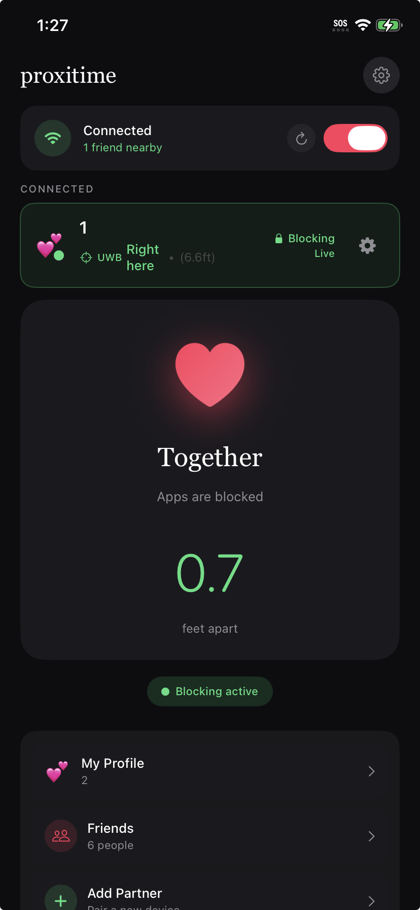Proxitime app showing connected state with UWB distance